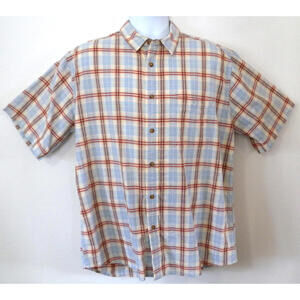 Orvis Men's Short Sleeve Beige Plaid Cotton Button Down Shirt Size Large